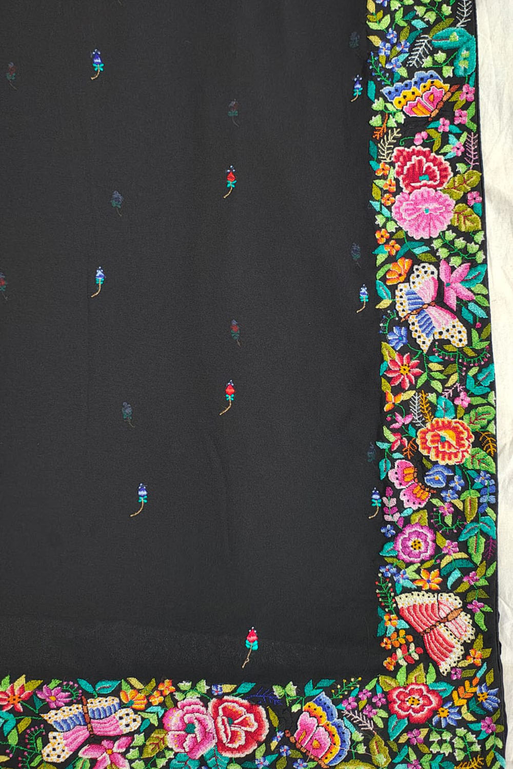 Exquisite Black Hand Embroidered Parsi Gara Georgette Petit Point Saree