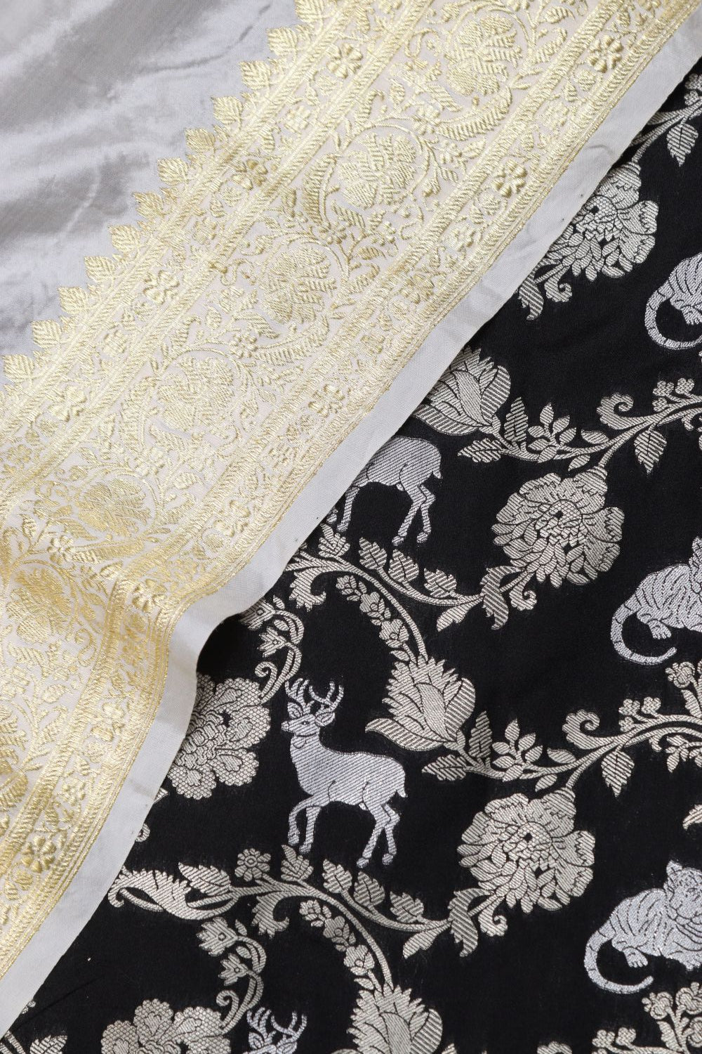 Black Banarasi Silk Shikargha Suit with Banarasi Katan Silk Off White Dupatta - Luxurion World