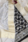 Black Banarasi Silk Shikargha Suit with Banarasi Katan Silk Off White Dupatta - Luxurion World