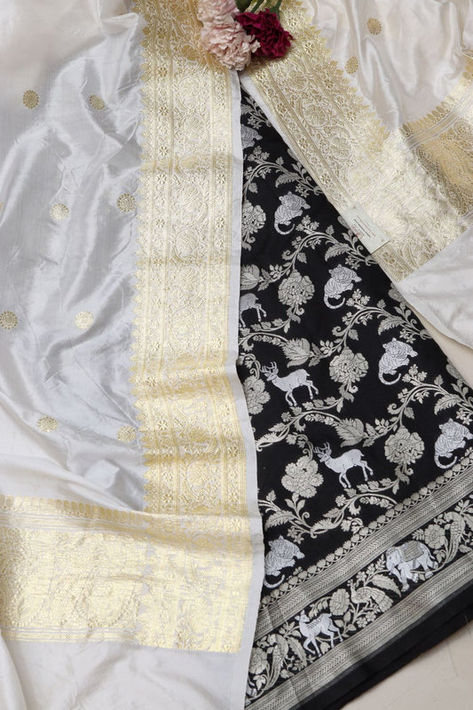 Black Banarasi Silk Shikargha Suit with Banarasi Katan Silk Off White Dupatta IS4B1260207008