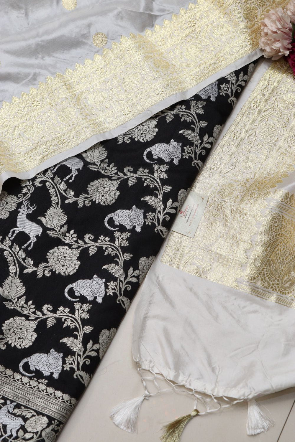 Black Banarasi Silk Shikargha Suit with Banarasi Katan Silk Off White Dupatta - Luxurion World