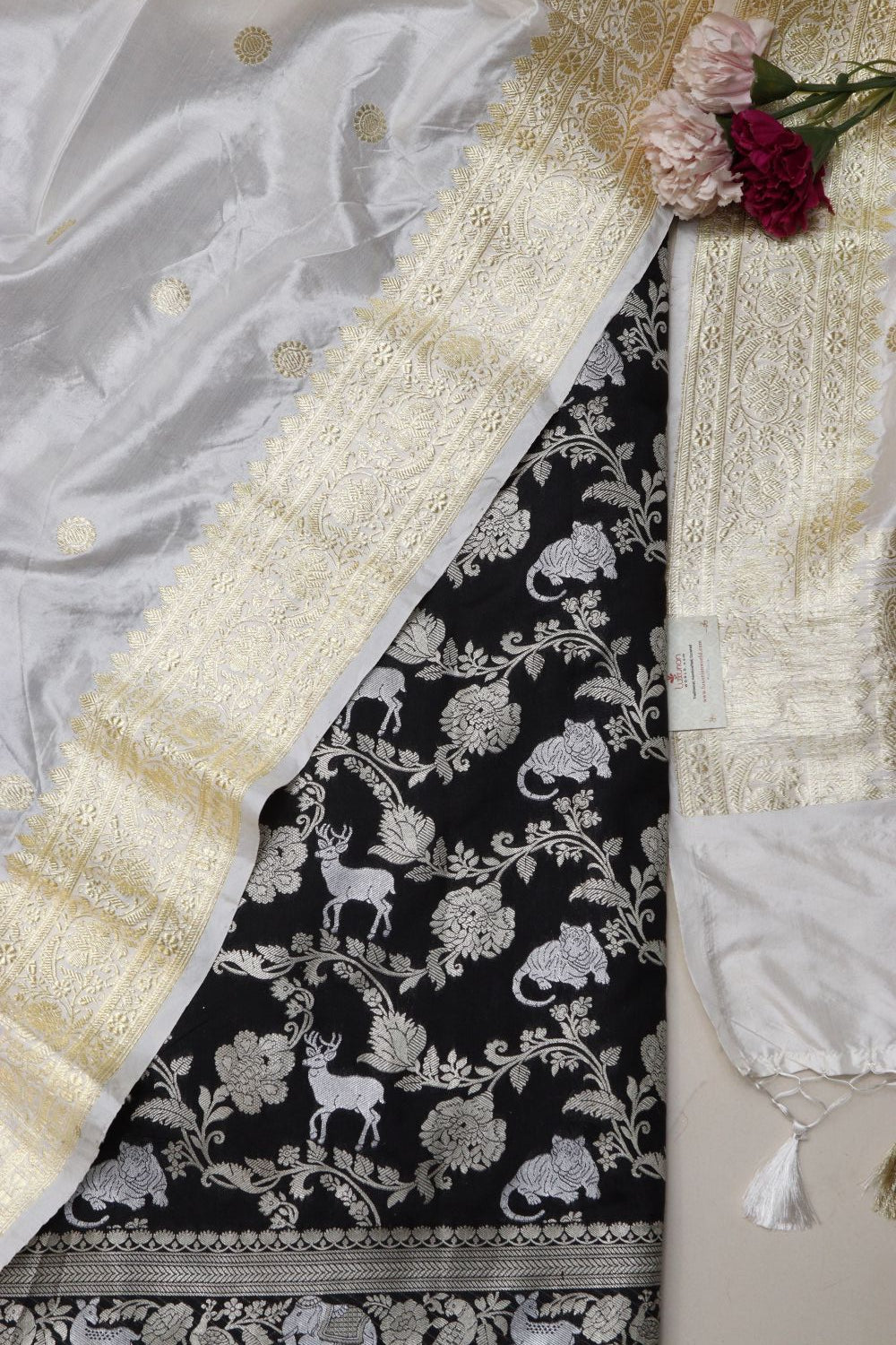 Black Banarasi Silk Shikargha Suit with Banarasi Katan Silk Off White Dupatta - Luxurion World
