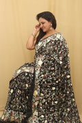 Black Hand Embroidered Floral Work Parsi Gara Pure Georgette Saree - Luxurion World