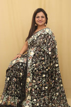 Black Hand Embroidered Floral Work Parsi Gara Pure Georgette Saree - Luxurion World