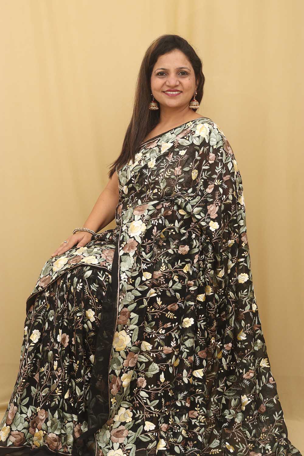 Black Hand Embroidered Floral Work Parsi Gara Pure Georgette Saree - Luxurion World