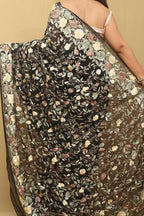 Black Hand Embroidered Floral Work Parsi Gara Pure Georgette Saree - Luxurion World