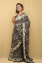 Black Hand Embroidered Floral Work Parsi Gara Pure Georgette Saree - Luxurion World