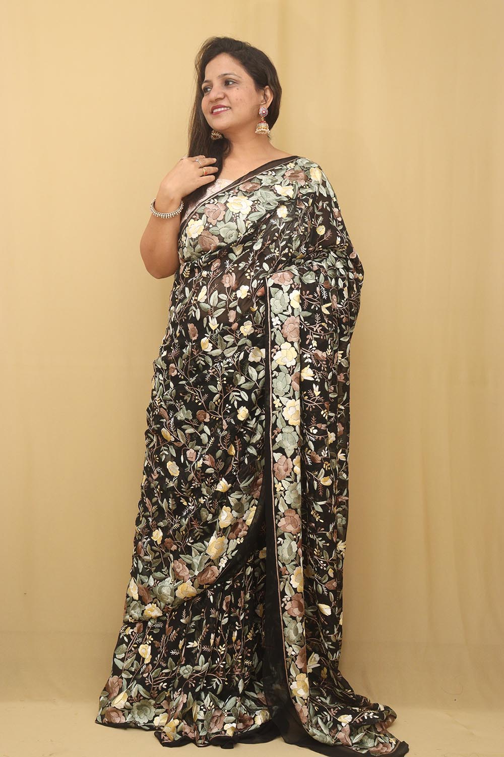 Black Hand Embroidered Floral Work Parsi Gara Pure Georgette Saree - Luxurion World