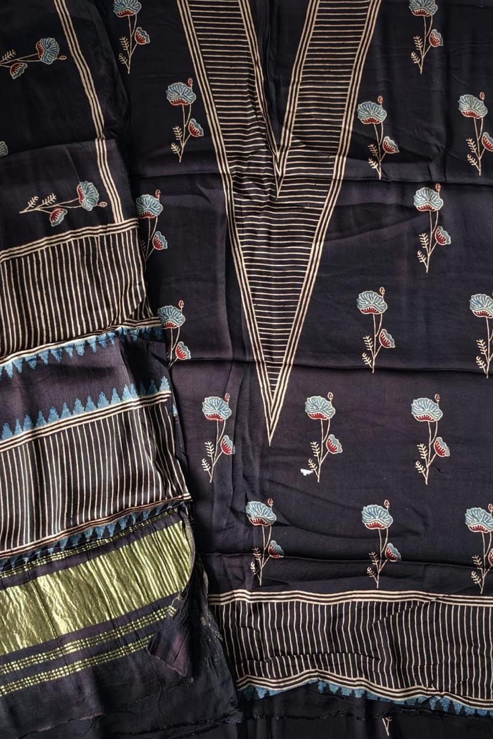 Black Ajrakh Block Printed Modal Silk Unstitched Suit Set