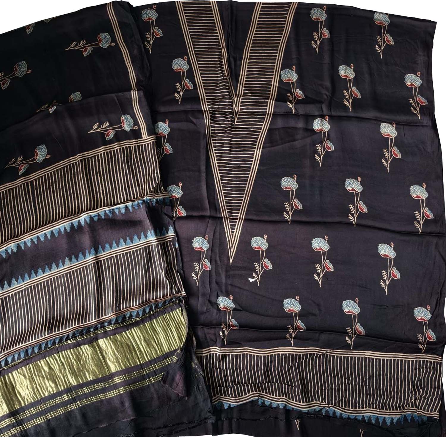 Black Ajrakh Block Printed Modal Silk Unstitched Suit Set