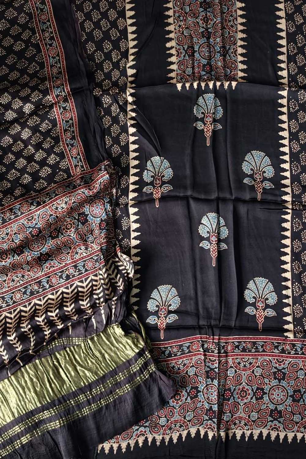 Black Ajrakh Block Printed Modal Silk Unstitched Suit Set