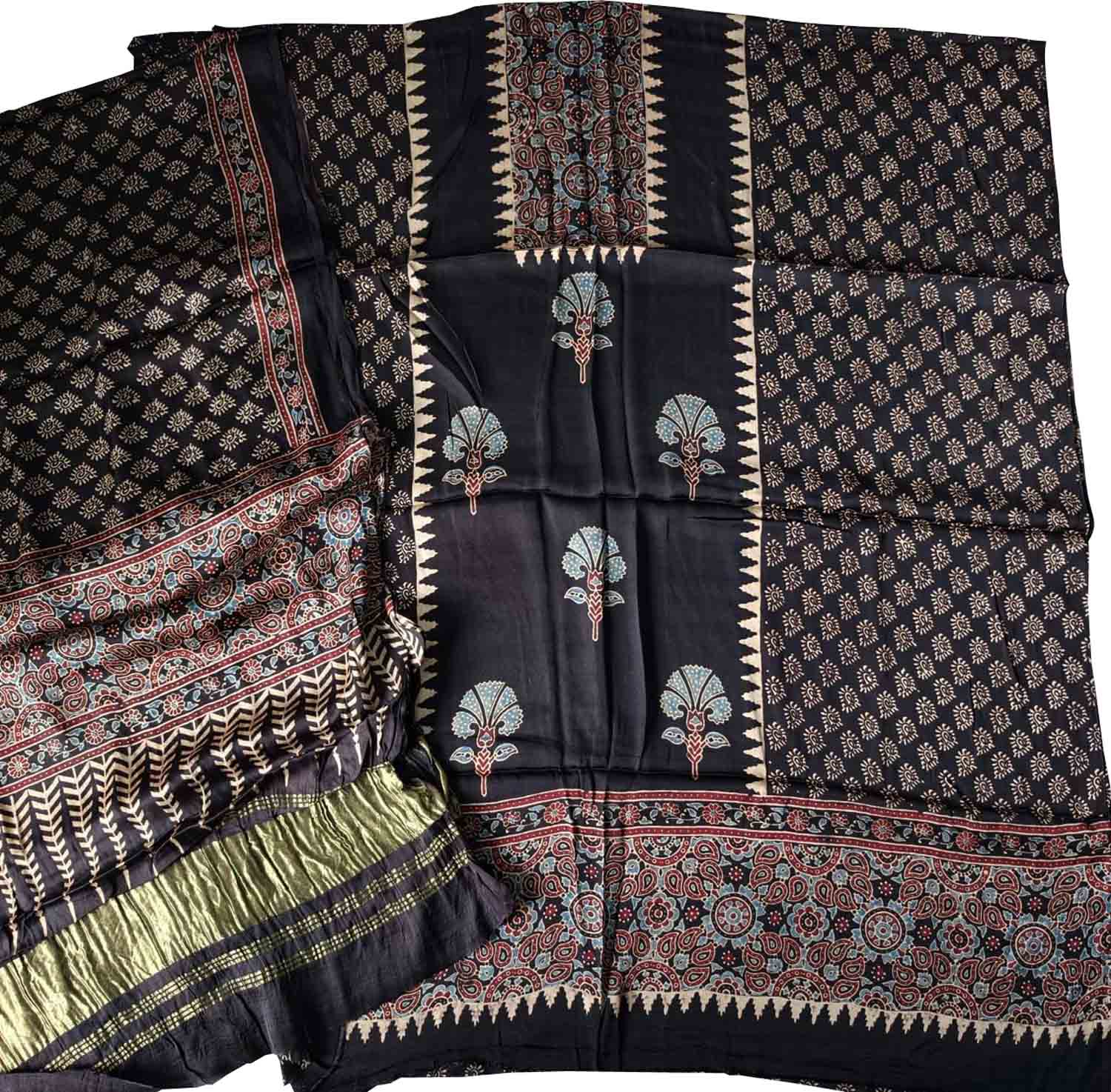 Black Ajrakh Block Printed Modal Silk Unstitched Suit Set