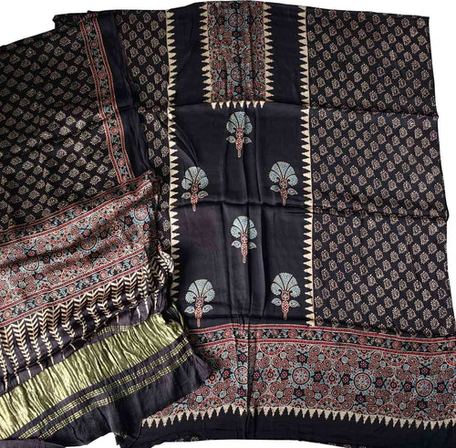 Black Ajrakh Block Printed Modal Silk Unstitched Suit Set