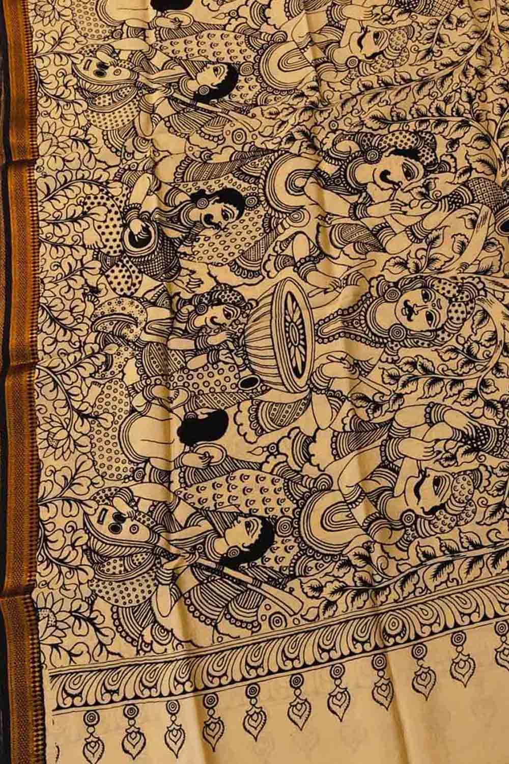 Black And White Hand Painted Kalamkari Pure Bangalore Silk Dupatta