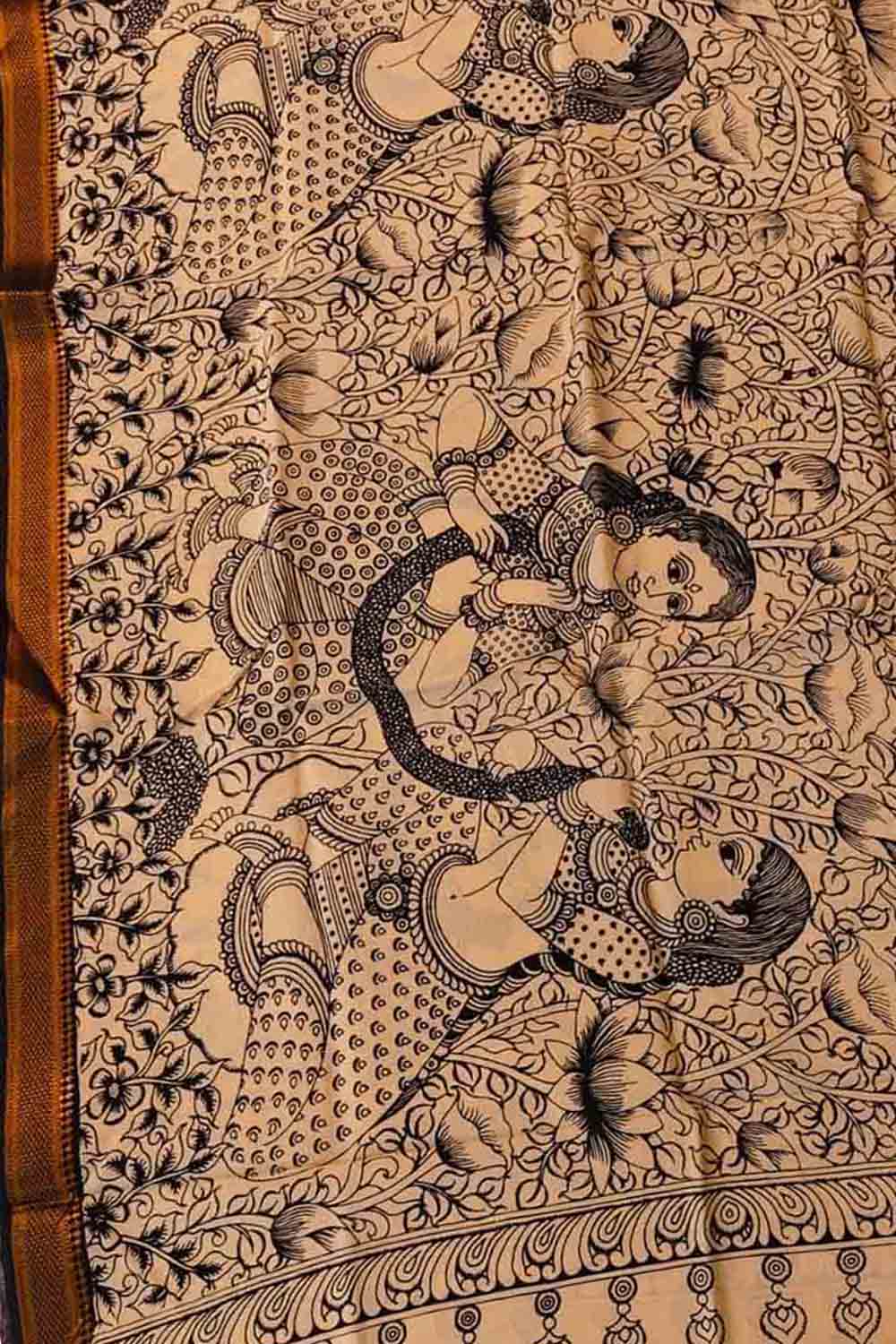 Black And White Hand Painted Kalamkari Pure Bangalore Silk Dupatta