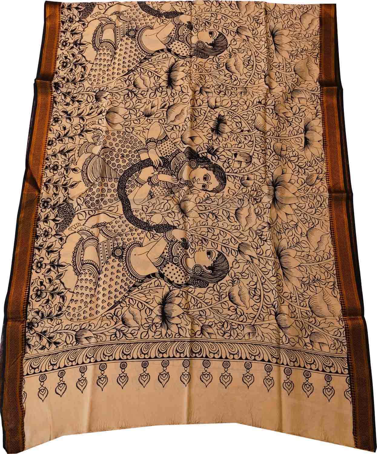 Black And White Hand Painted Kalamkari Pure Bangalore Silk Dupatta