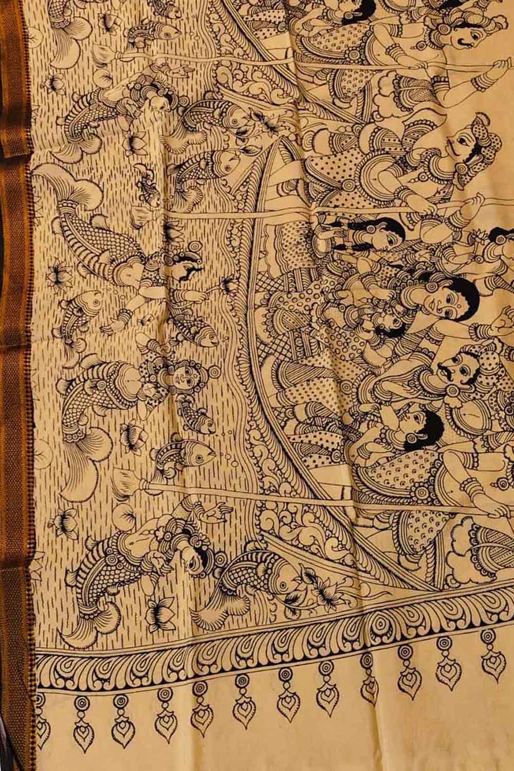 Black And White Hand Painted Kalamkari Pure Bangalore Silk Dupatta