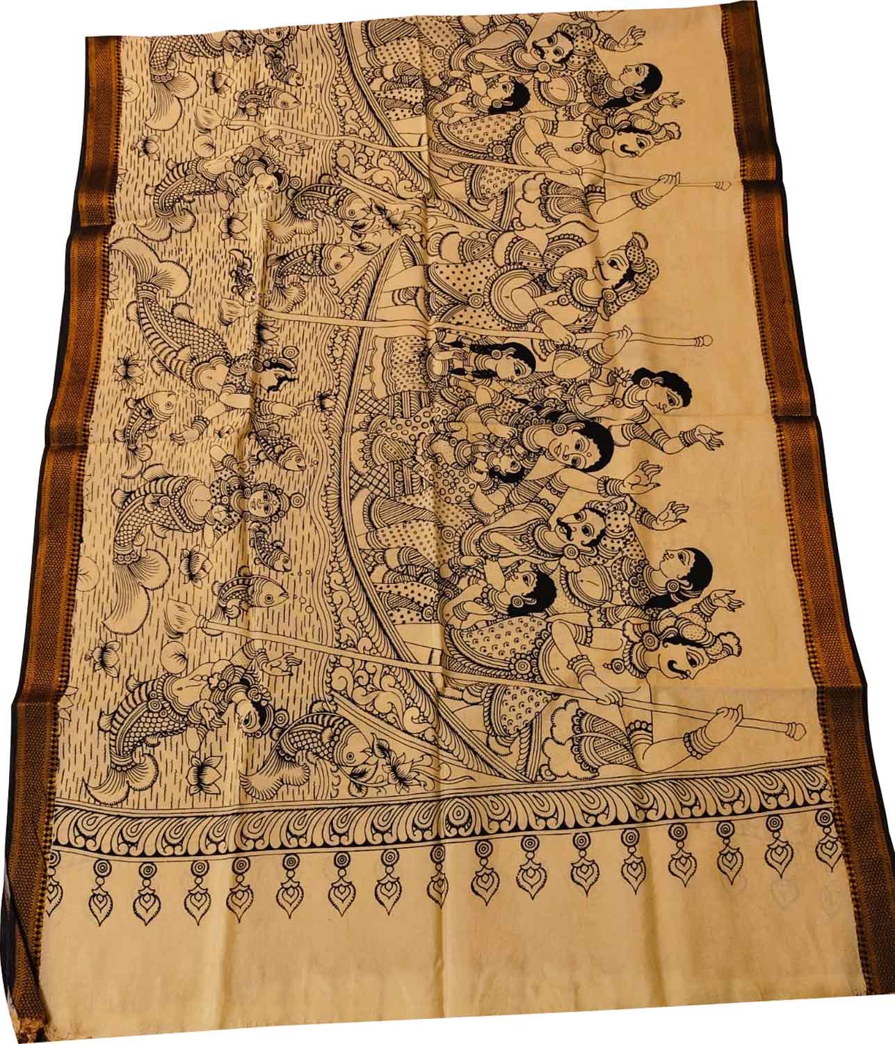 Black And White Hand Painted Kalamkari Pure Bangalore Silk Dupatta