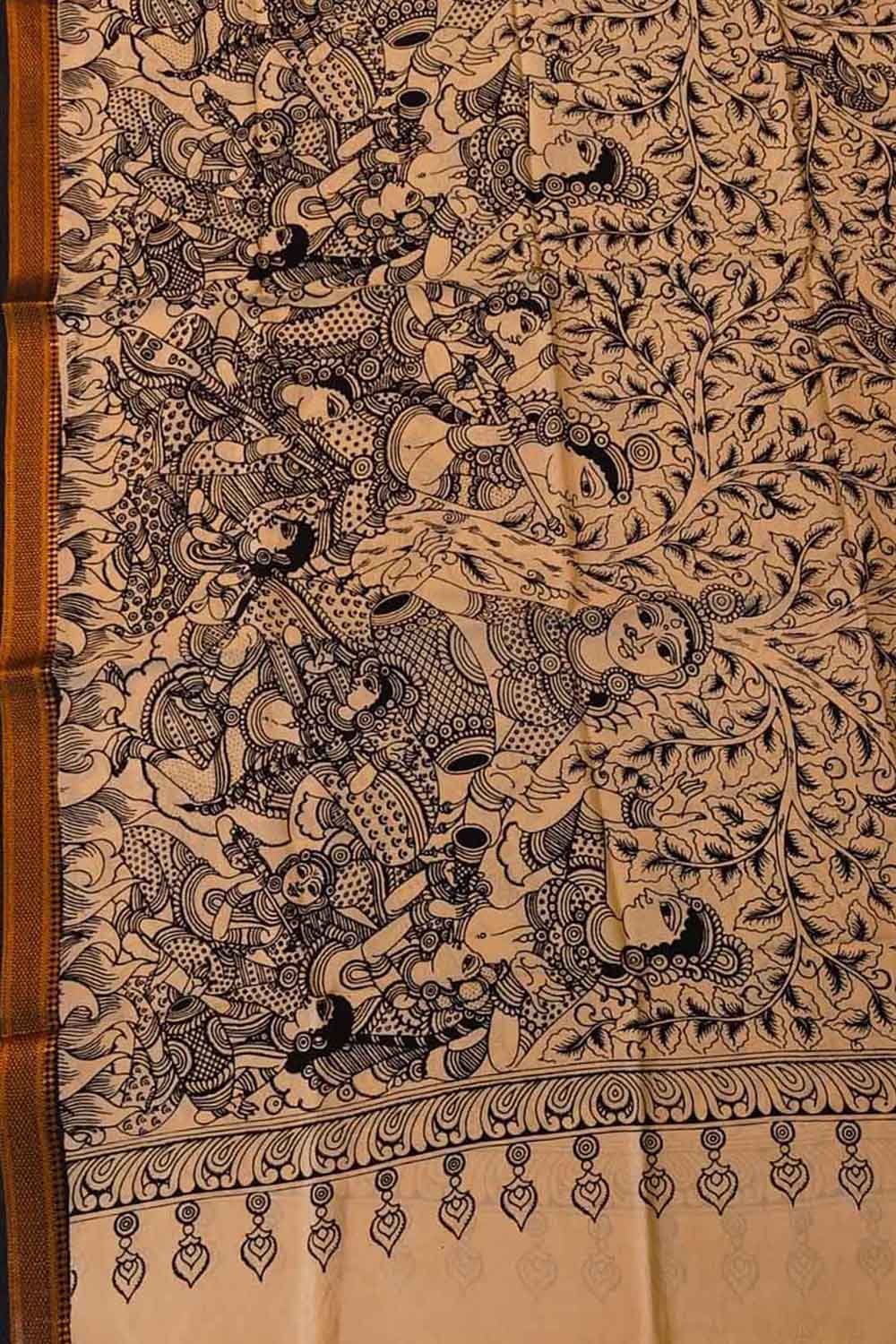 Black And White Hand Painted Kalamkari Pure Bangalore Silk Dupatta