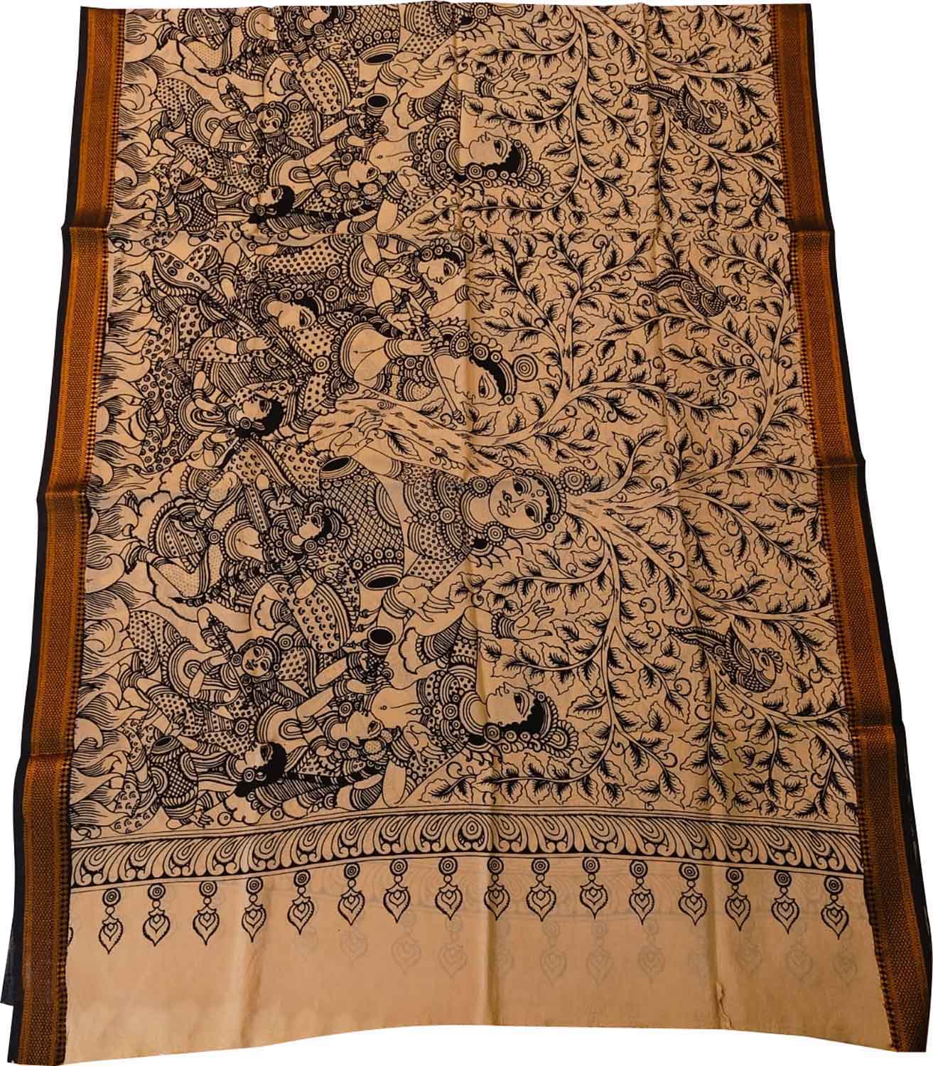 Black And White Hand Painted Kalamkari Pure Bangalore Silk Dupatta