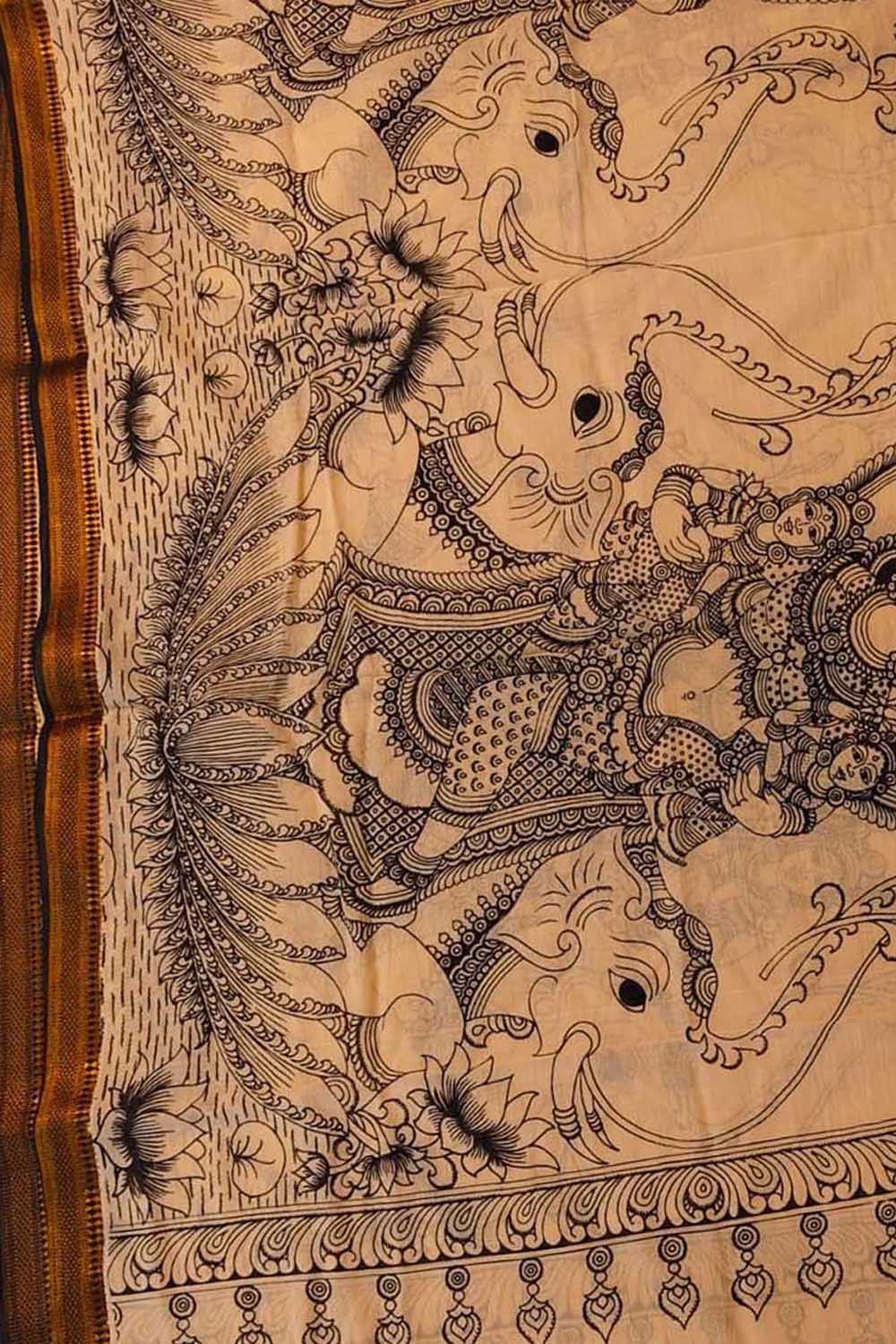 Black And White Hand Painted Kalamkari Pure Bangalore Silk Dupatta