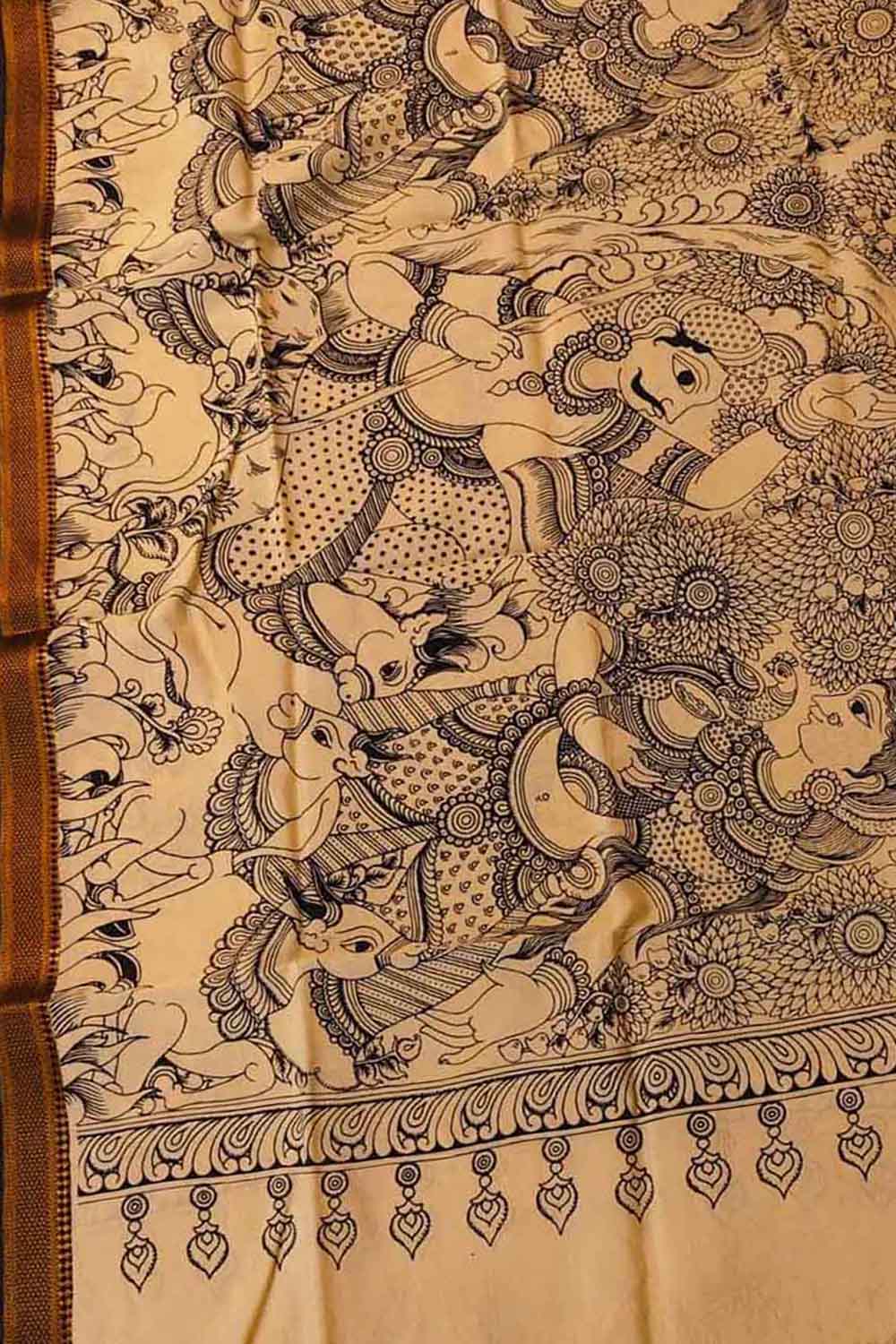 Black And White Hand Painted Kalamkari Pure Bangalore Silk Dupatta