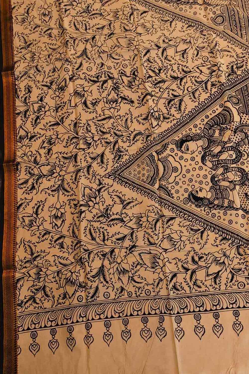 Black And White Hand Painted Kalamkari Pure Bangalore Silk Dupatta
