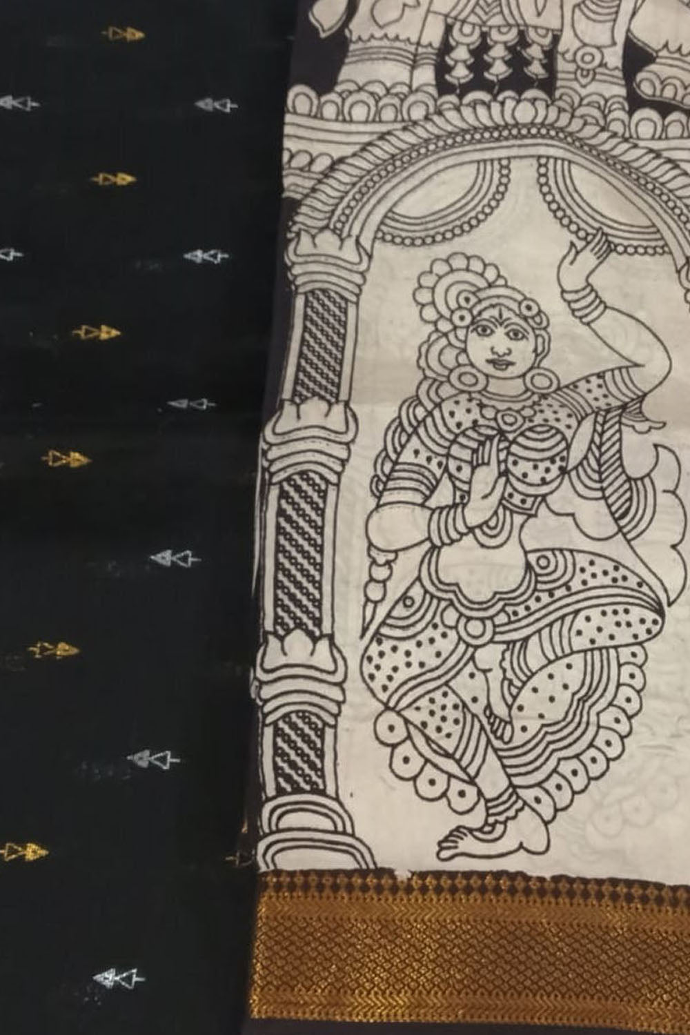 Black And White Kalamkari Hand Painted Raw Silk Suit With Chennur Silk Dupatta
