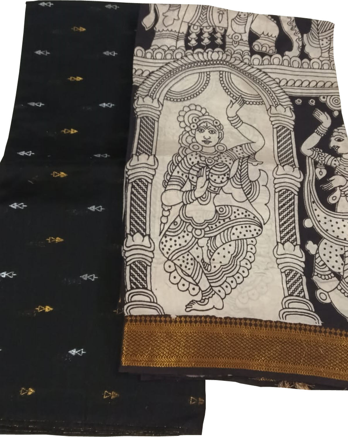 Black And White Kalamkari Hand Painted Raw Silk Suit With Chennur Silk Dupatta