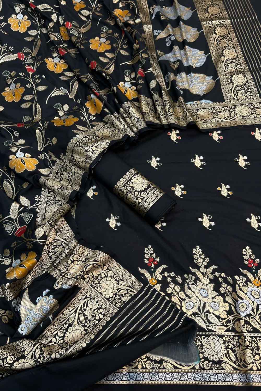 Black Banarasi Meenakari Katan Silk Suit — Zari Meena Jaal, Festive