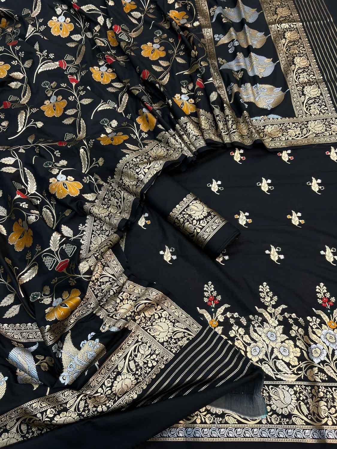 Black Banarasi Meenakari Katan Silk Suit — Zari Meena Jaal, Festive