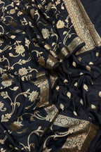 Black Banarasi Silk Three Piece Unstitched Suit Set
