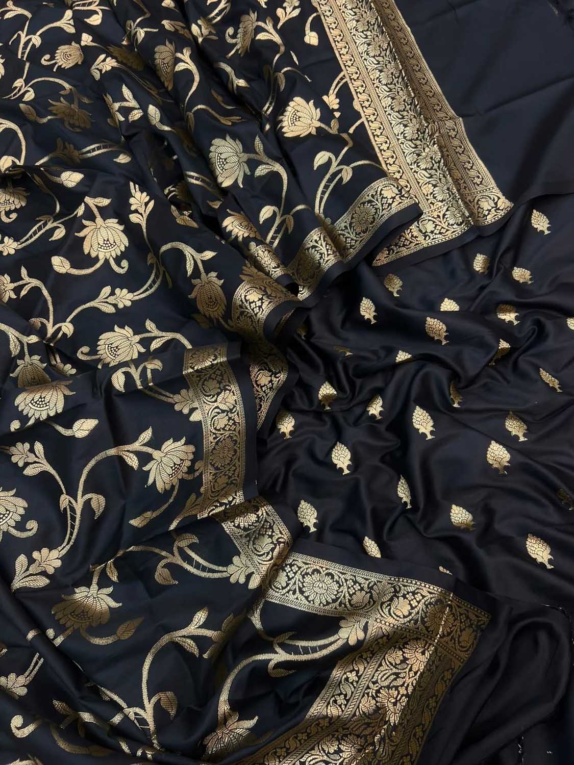 Black Banarasi Silk Three Piece Unstitched Suit Set