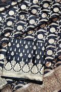 Black Banarasi Silk Three Piece Unstitched Suit Set