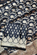 Black Banarasi Silk Three Piece Unstitched Suit Set