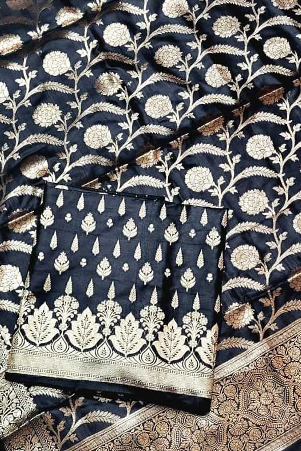 Black Banarasi Silk Three Piece Unstitched Suit Set