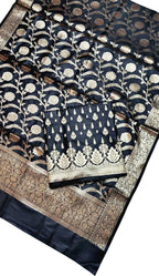 Black Banarasi Silk Three Piece Unstitched Suit Set