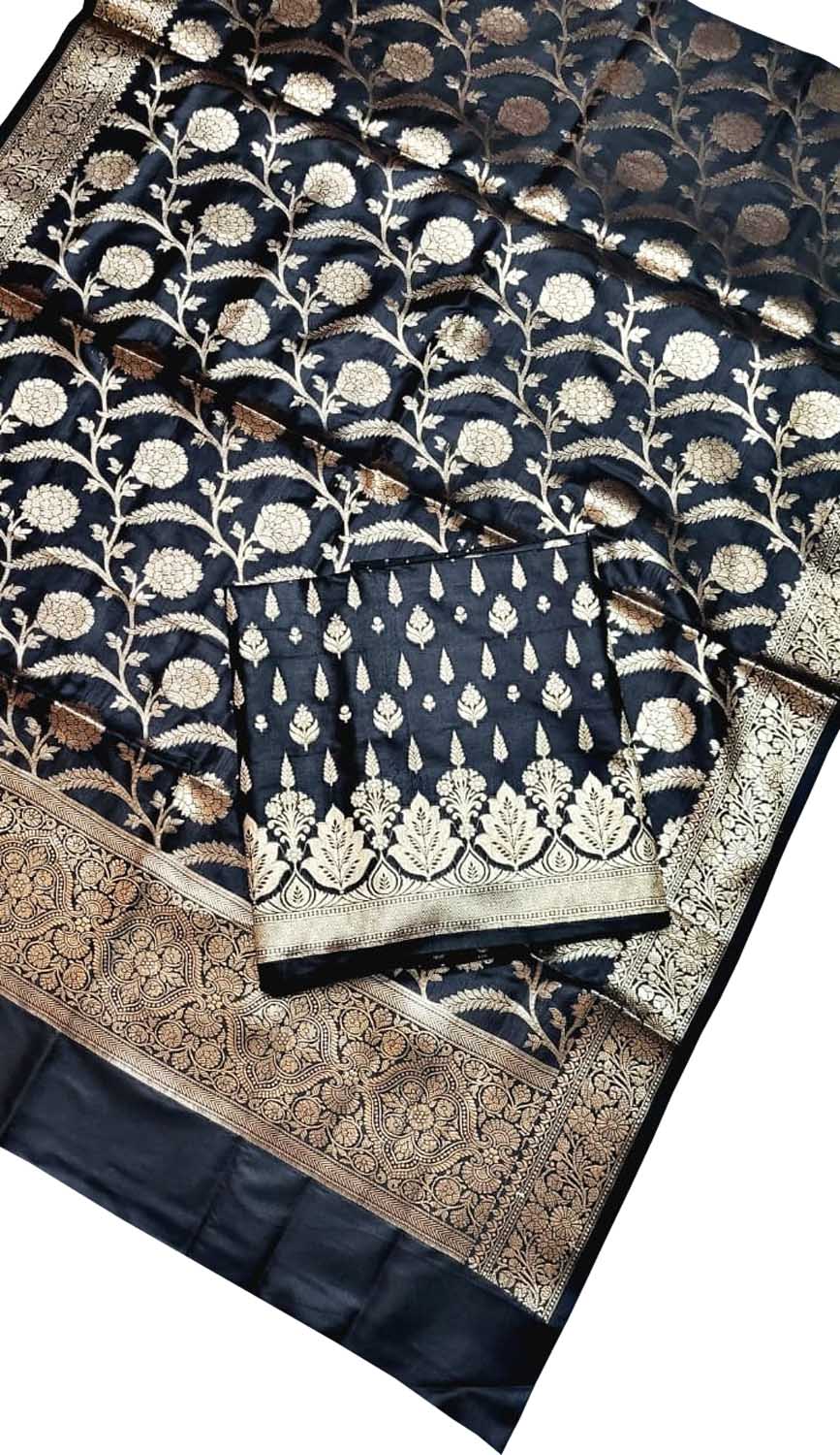Black Banarasi Silk Three Piece Unstitched Suit Set