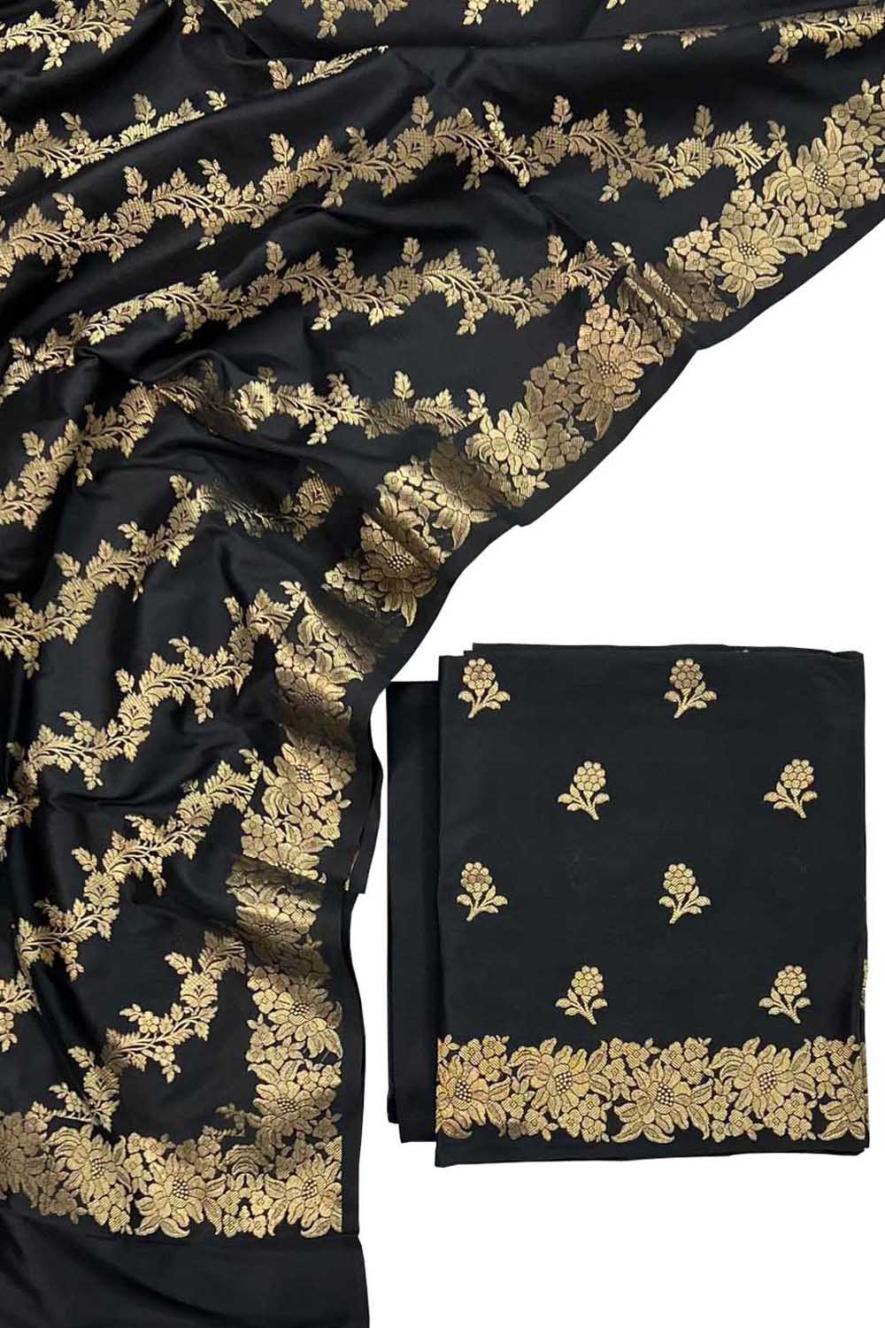 Black Banarasi Silk Three Piece Unstitched Suit Set