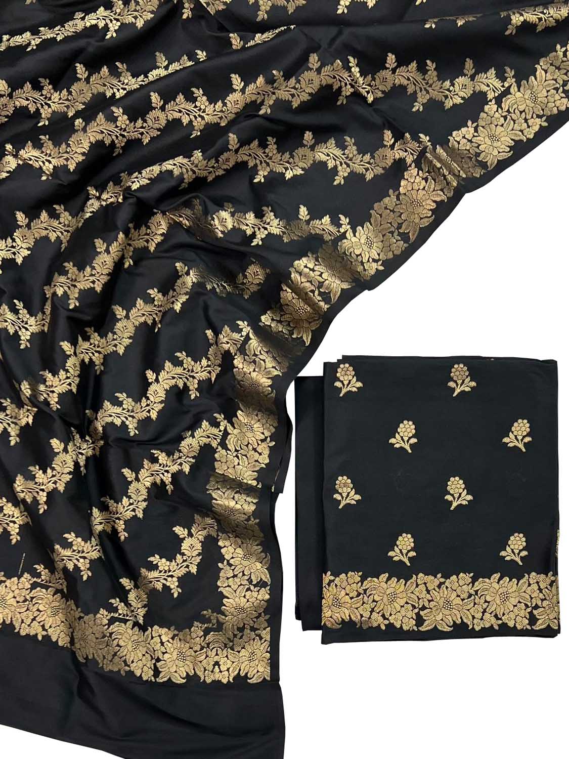 Black Banarasi Silk Three Piece Unstitched Suit Set