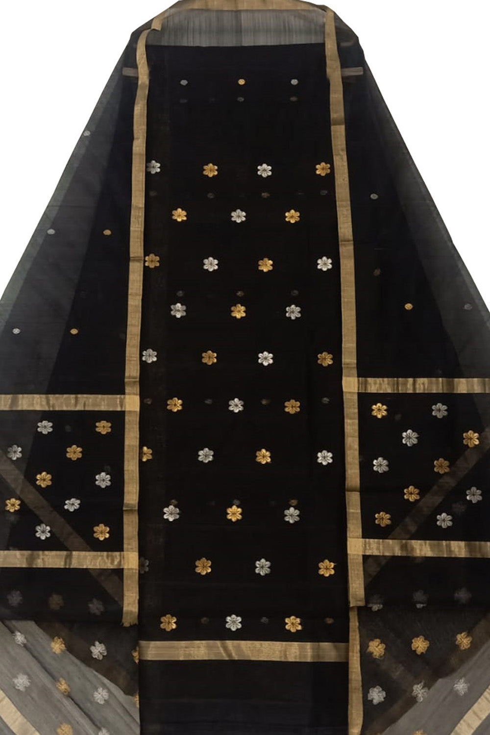Black Chanderi Handloom Cotton Silk Two Piece Unstitched Suit Set
