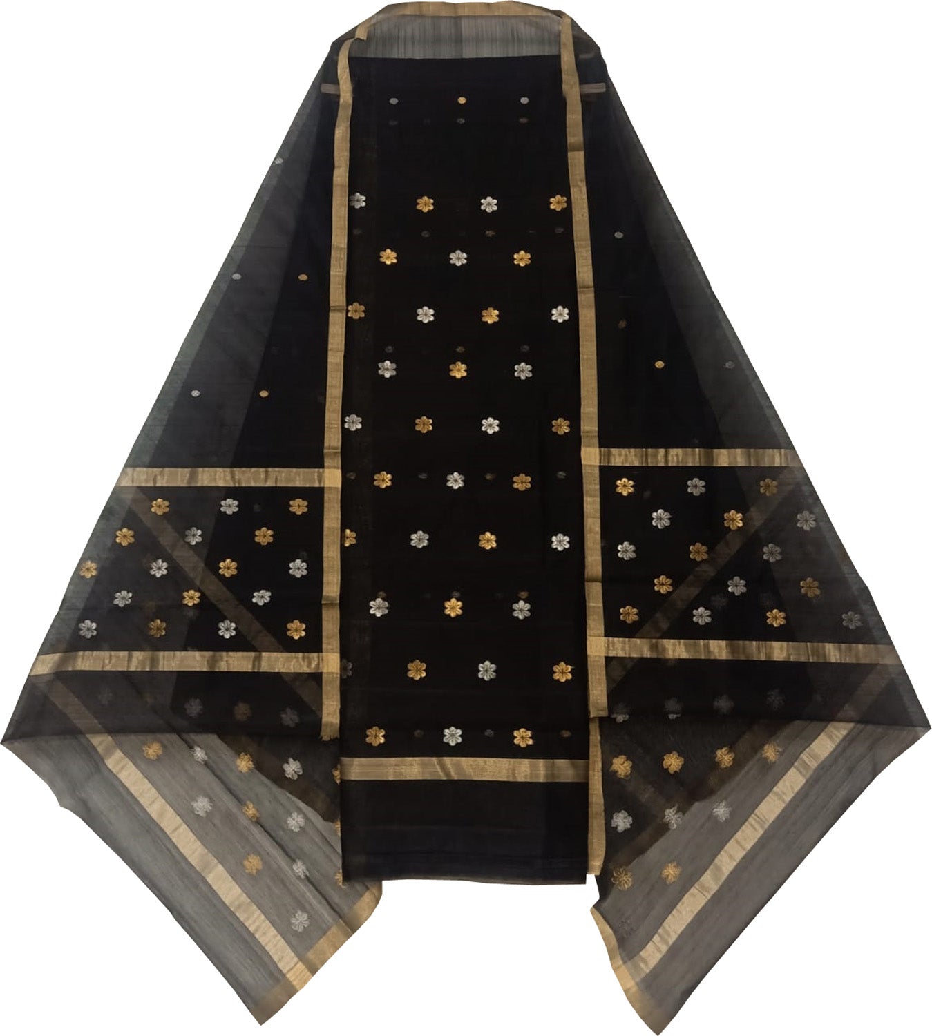 Black Chanderi Handloom Cotton Silk Two Piece Unstitched Suit Set