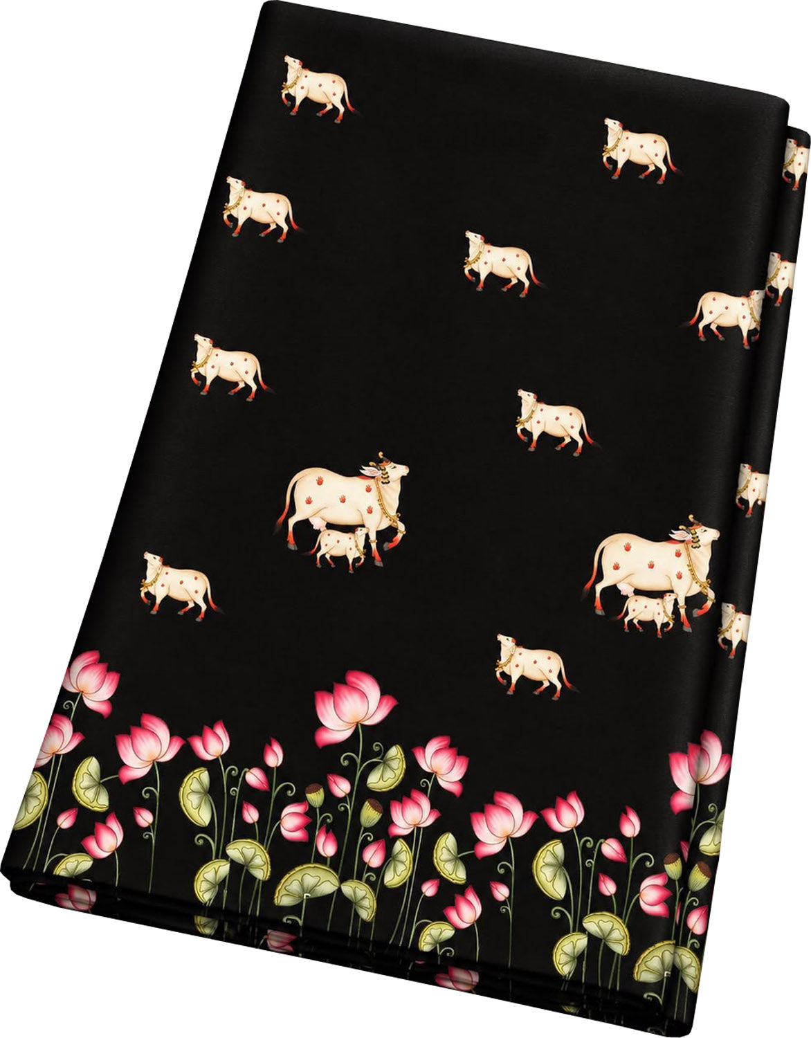 Black Digital Pichwai Printed Modal Satin Fabric