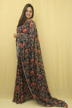 Black Digital Printed Georgette Floral Design Saree - Luxurion World