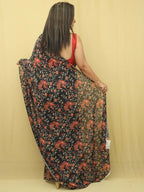 Black Digital Printed Georgette Floral Design Saree - Luxurion World