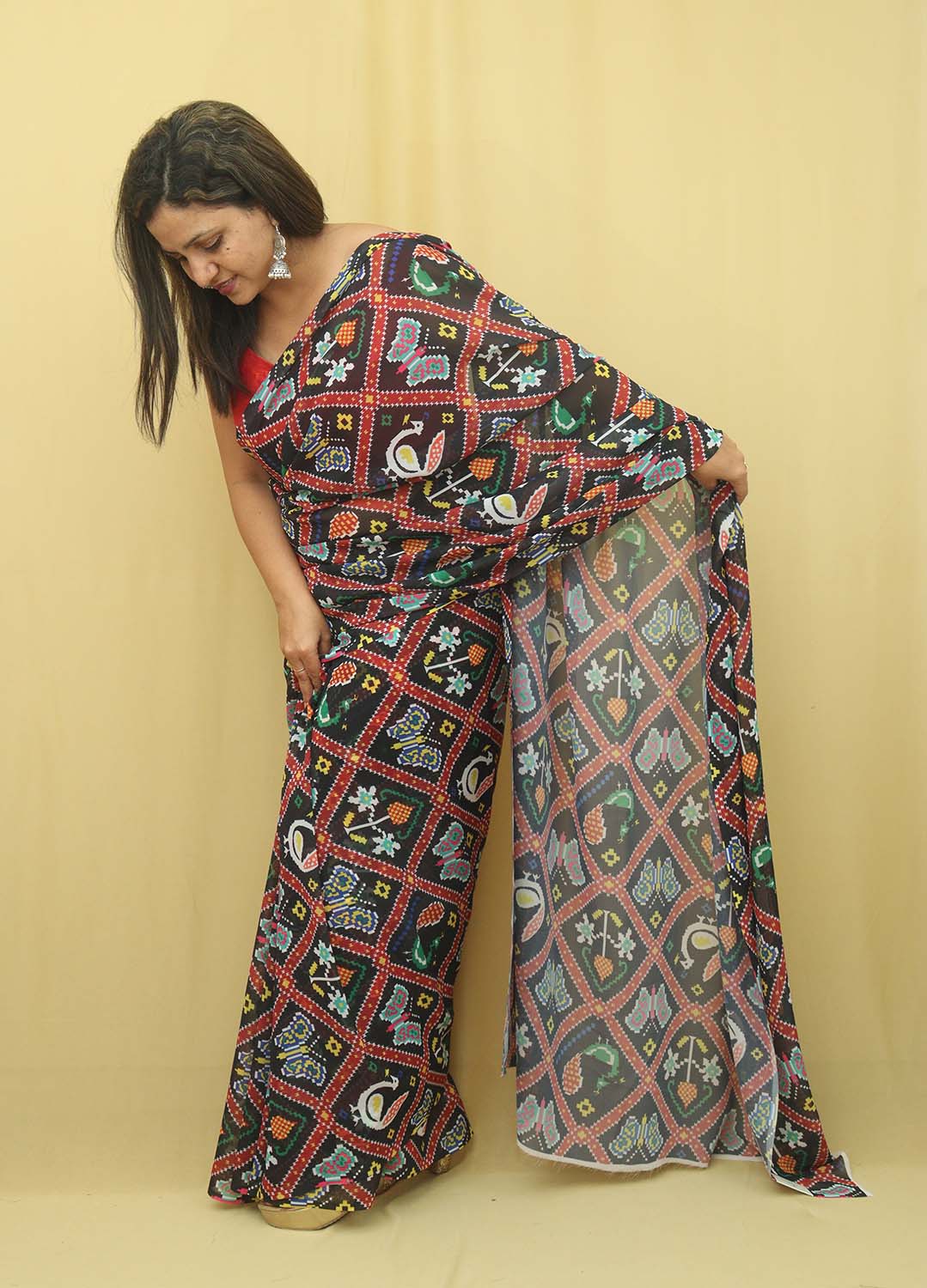 Black Digital Printed Georgette Patola Design Saree - Luxurion World