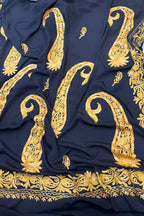Black Kashmiri Aari Crepe Saree—Chain Stitch Embroidery, Festive & Formal