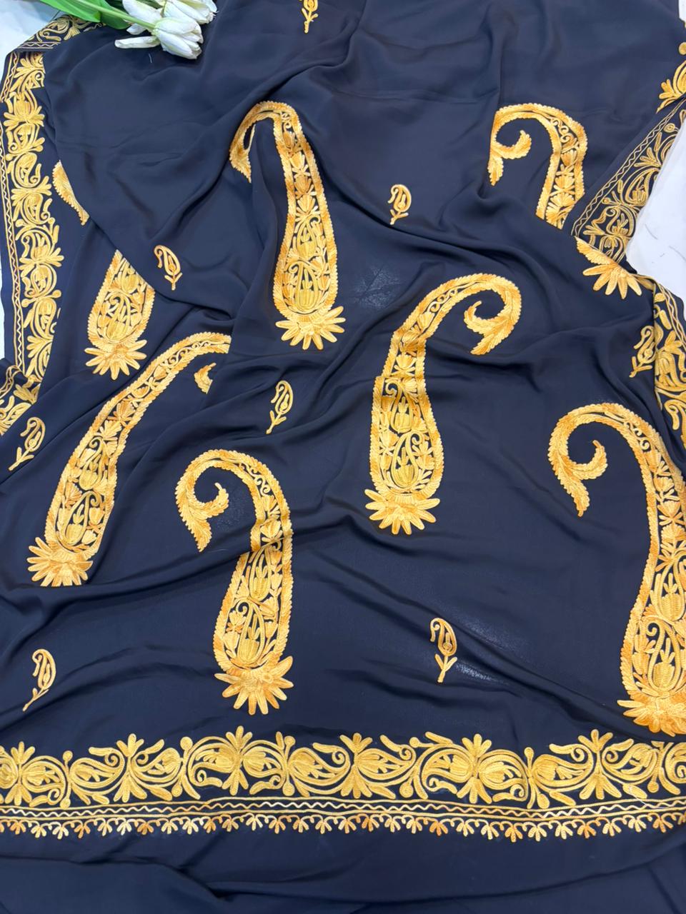 Black Kashmiri Aari Crepe Saree—Chain Stitch Embroidery, Festive & Formal