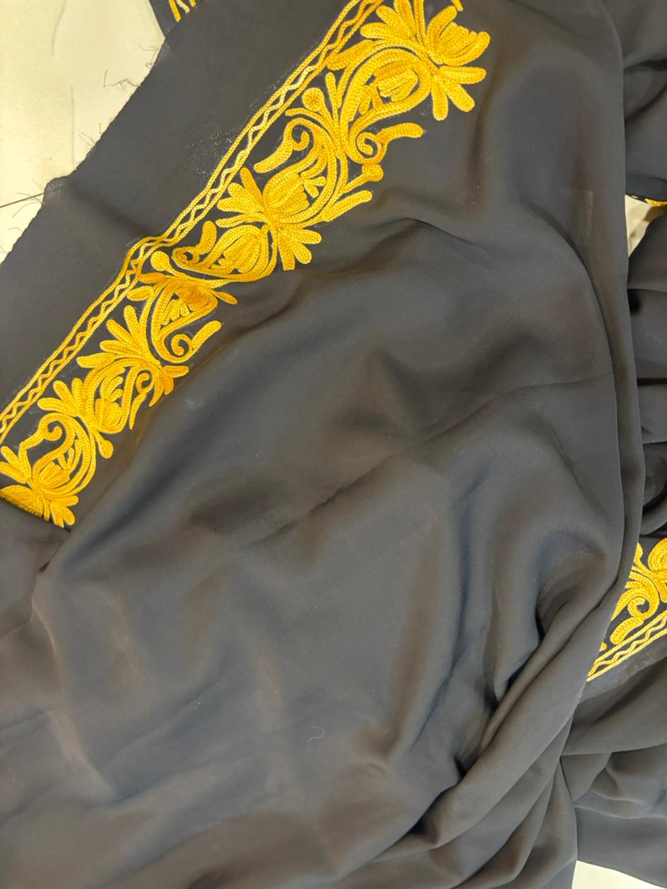 Black Kashmiri Aari Crepe Saree—Chain Stitch Embroidery, Festive & Formal