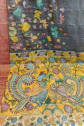Black Hand Painted Kalamkari Pure Tussar Silk Saree